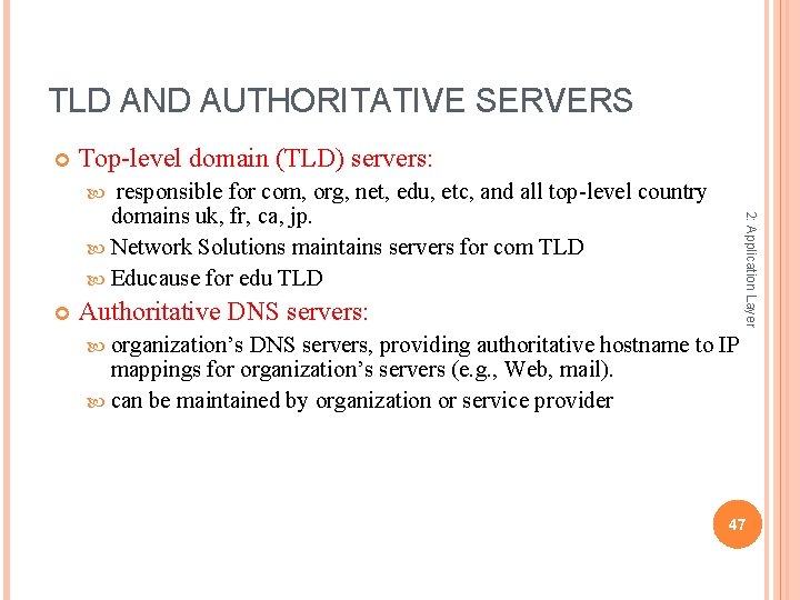 TLD AND AUTHORITATIVE SERVERS Top-level domain (TLD) servers: responsible for com, org, net, edu,