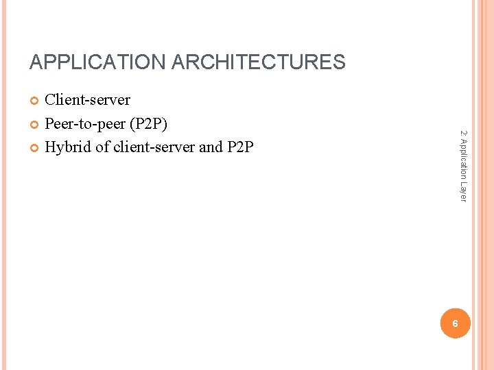 APPLICATION ARCHITECTURES Client-server Peer-to-peer (P 2 P) Hybrid of client-server and P 2 P