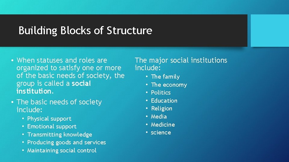 Building Blocks of Structure • When statuses and roles are organized to satisfy one