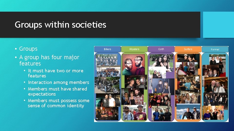 Groups within societies • Groups • A group has four major features • It