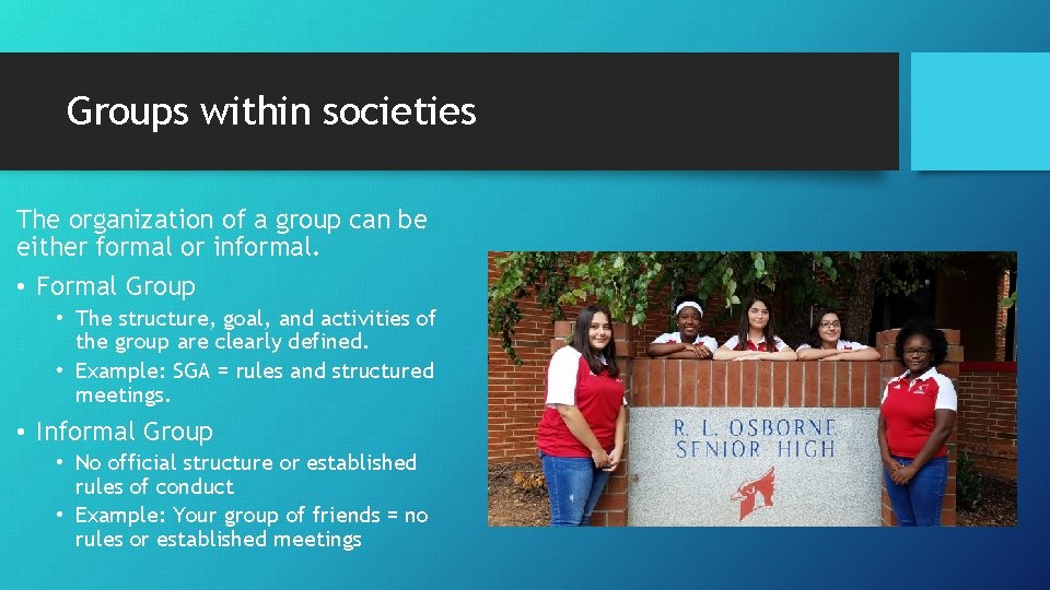 Groups within societies The organization of a group can be either formal or informal.