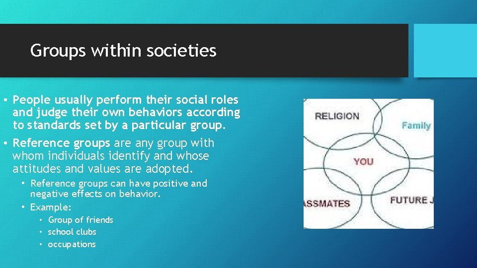 Groups within societies • People usually perform their social roles and judge their own