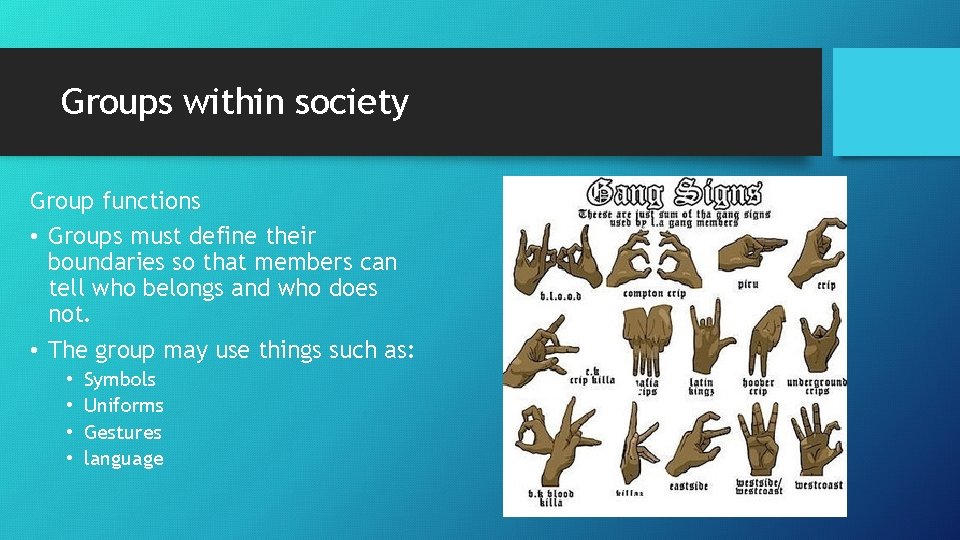 Groups within society Group functions • Groups must define their boundaries so that members
