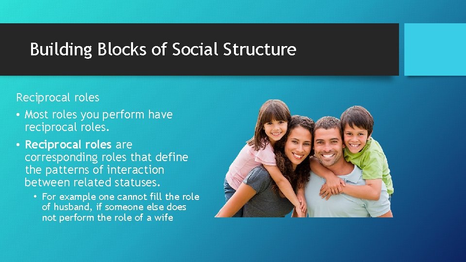 Building Blocks of Social Structure Reciprocal roles • Most roles you perform have reciprocal