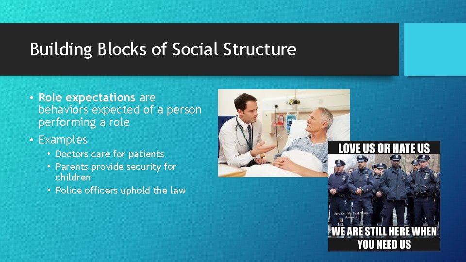 Building Blocks of Social Structure • Role expectations are behaviors expected of a person