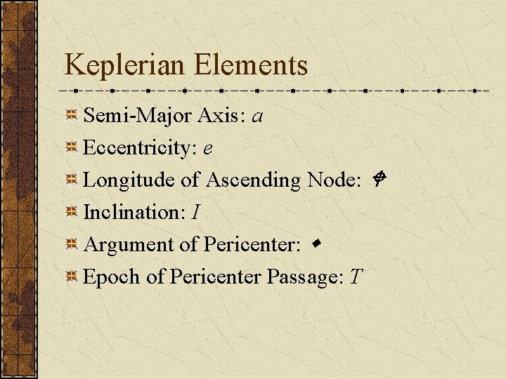 Keplerian Elements Semi-Major Axis: a Eccentricity: e Longitude of Ascending Node: W Inclination: I