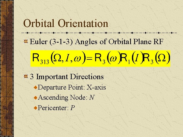 Orbital Orientation Euler (3 -1 -3) Angles of Orbital Plane RF 3 Important Directions