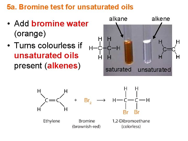 5 a. Bromine test for unsaturated oils • Add bromine water (orange) • Turns