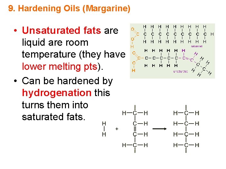 9. Hardening Oils (Margarine) • Unsaturated fats are liquid are room temperature (they have