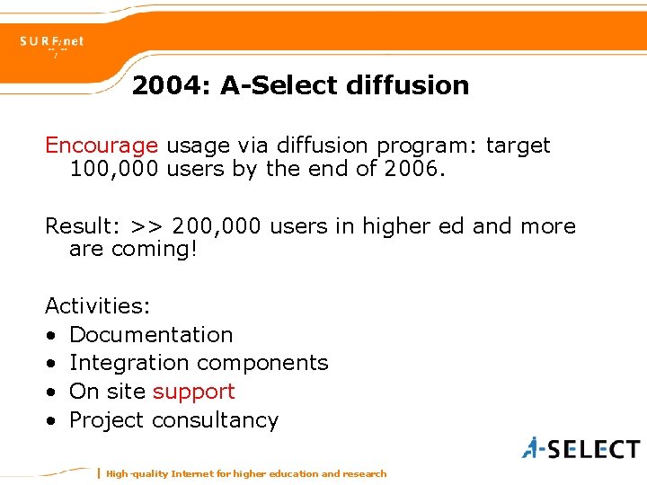 2004: A-Select diffusion Encourage usage via diffusion program: target 100, 000 users by the
