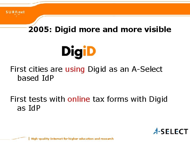 2005: Digid more and more visible First cities are using Digid as an A-Select