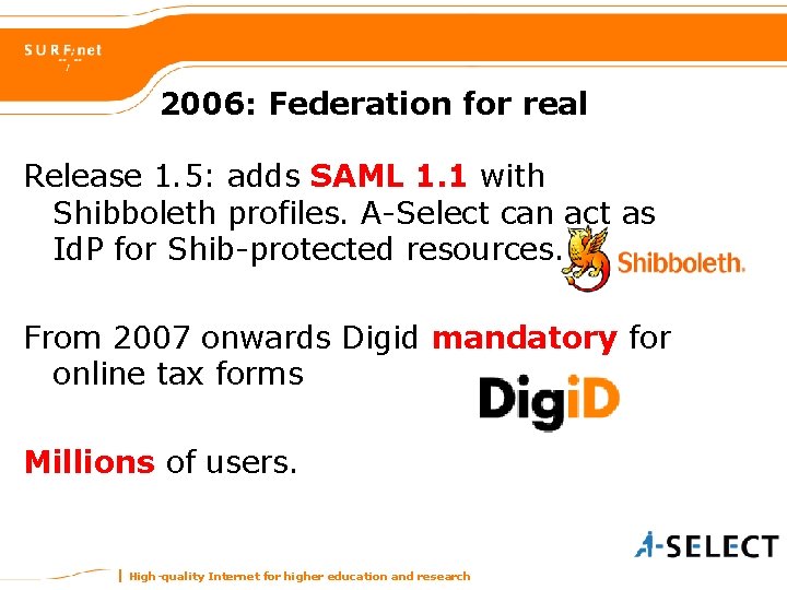 2006: Federation for real Release 1. 5: adds SAML 1. 1 with Shibboleth profiles.