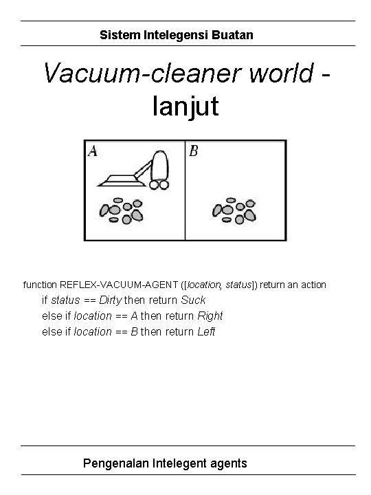 Sistem Intelegensi Buatan Vacuum-cleaner world lanjut function REFLEX-VACUUM-AGENT ([location, status]) return an action if