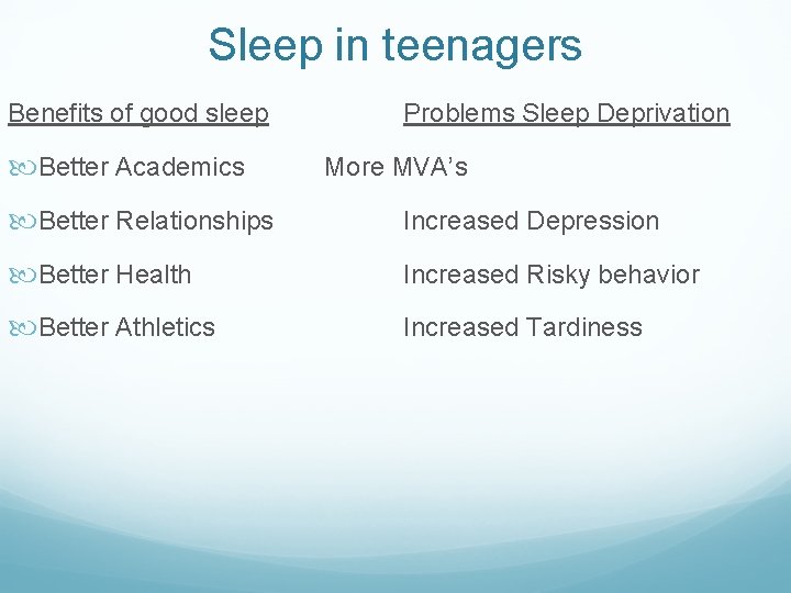 Sleep in teenagers Benefits of good sleep Better Academics Problems Sleep Deprivation More MVA’s