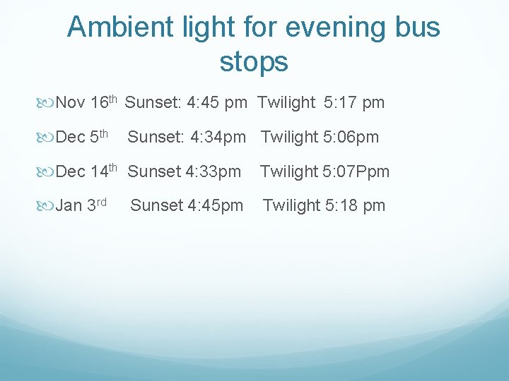 Ambient light for evening bus stops Nov 16 th Sunset: 4: 45 pm Twilight