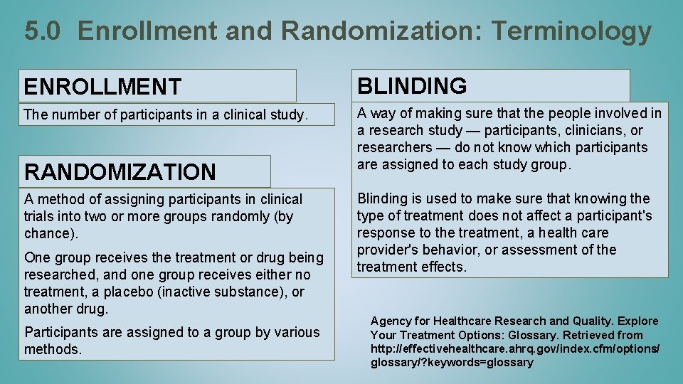 5. 0 Enrollment and Randomization: Terminology ENROLLMENT BLINDING The number of participants in a