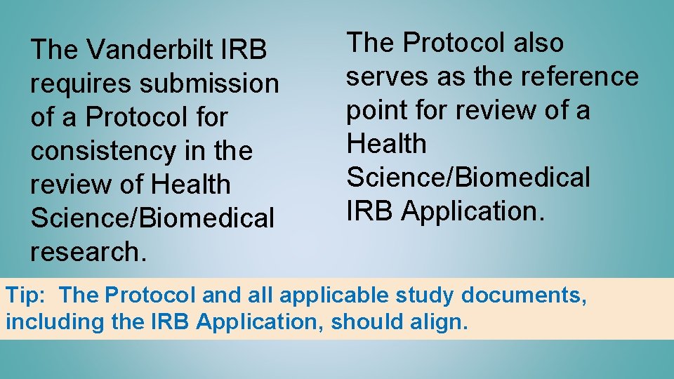 The Vanderbilt IRB requires submission of a Protocol for consistency in the review of