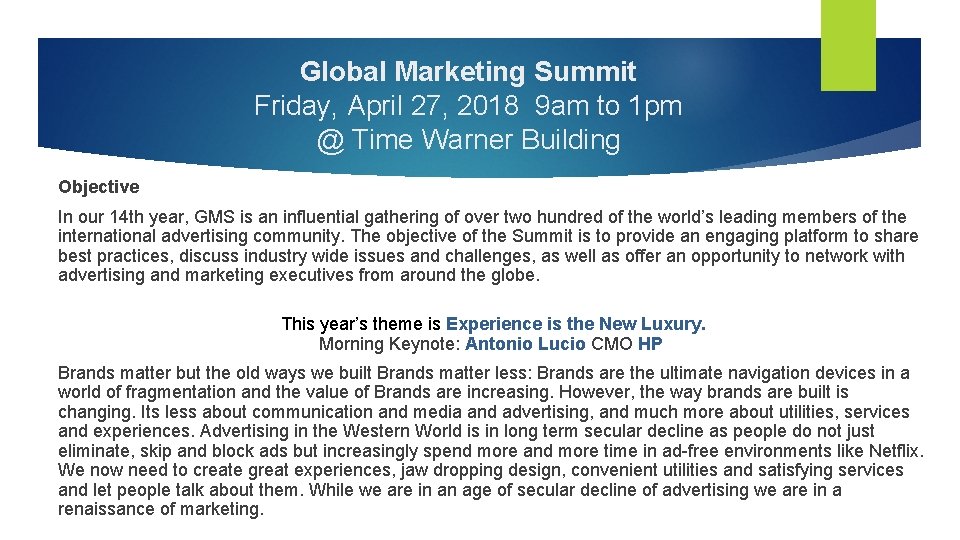 Global Marketing Summit Friday, April 27, 2018 9 am to 1 pm @ Time