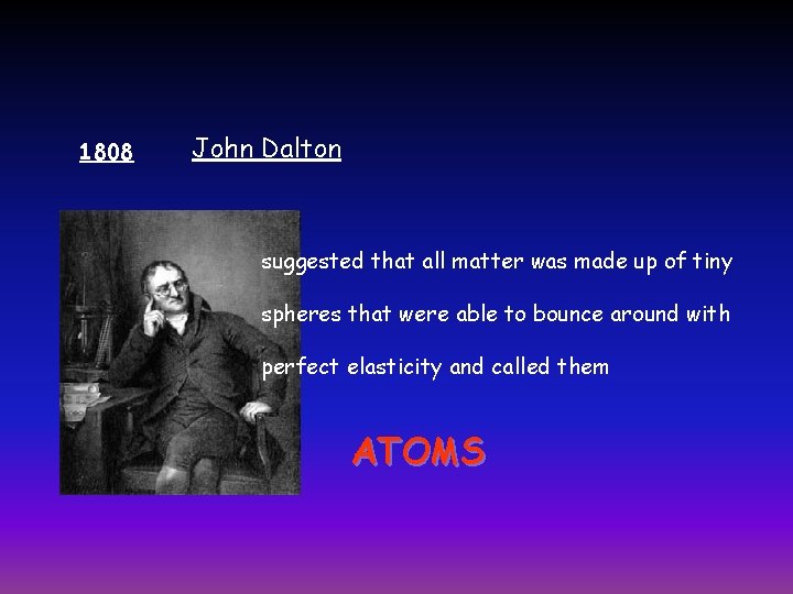 1808 John Dalton suggested that all matter was made up of tiny spheres that