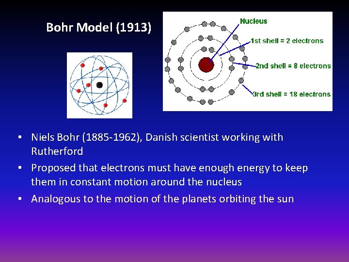 Bohr Model (1913) • Niels Bohr (1885 -1962), Danish scientist working with Rutherford •