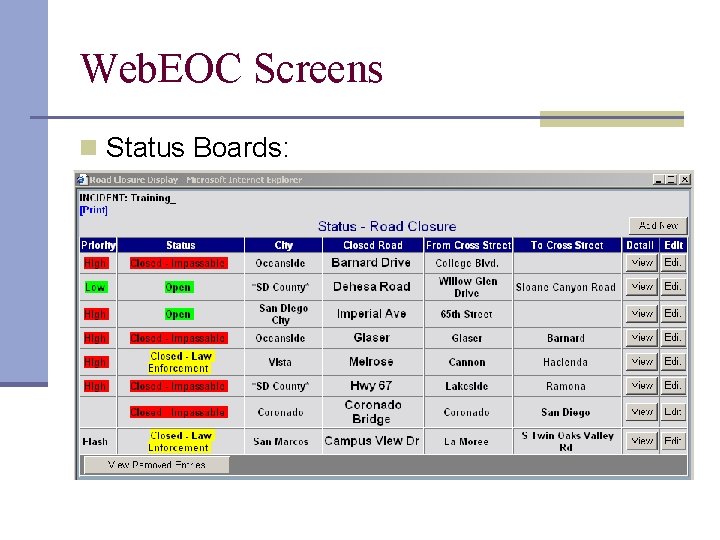 Web. EOC Screens n Status Boards: Web. EOC Screens n Status Boards: