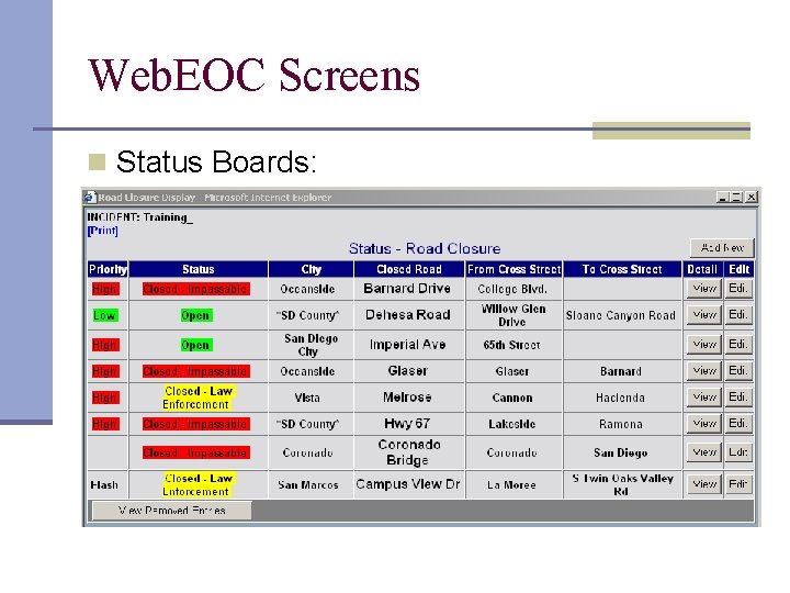 Web. EOC Screens n Status Boards: 