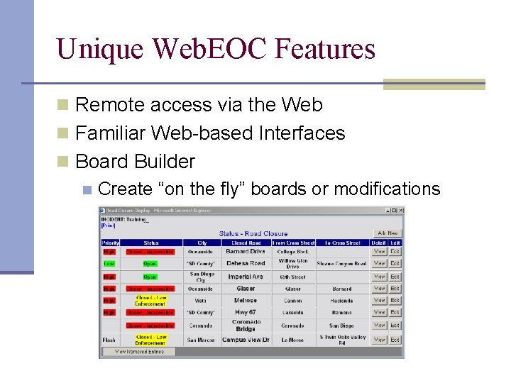 Unique Web. EOC Features n Remote access via the Web n Familiar Web-based Interfaces