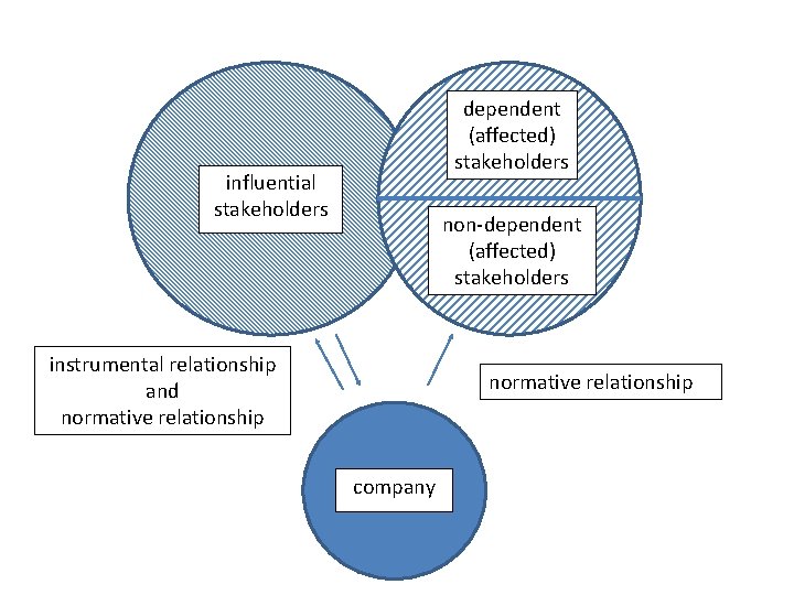 dependent (affected) stakeholders influential stakeholders non-dependent (affected) stakeholders instrumental relationship and normative relationship company