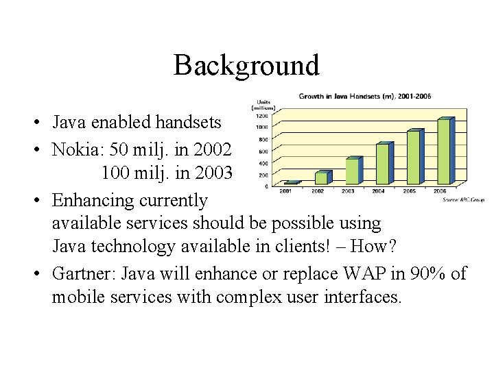 Background • Java enabled handsets • Nokia: 50 milj. in 2002 100 milj. in