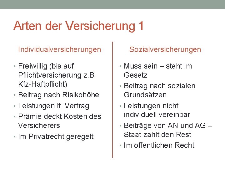 Arten der Versicherung 1 Individualversicherungen Sozialversicherungen • Freiwillig (bis auf • Muss sein –