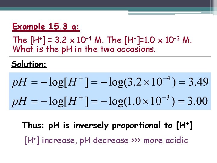 Example 15. 3 a: The [H+] = 3. 2 x 10– 4 M. The