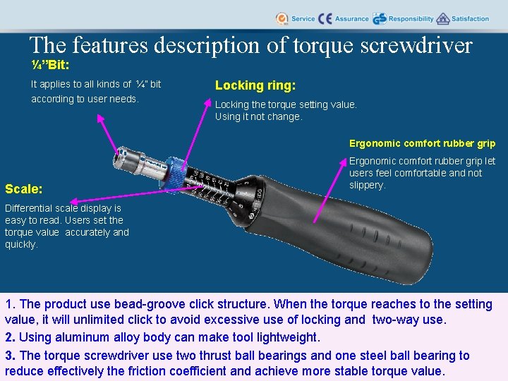 The features description of torque screwdriver ¼”Bit: It applies to all kinds of ¼”