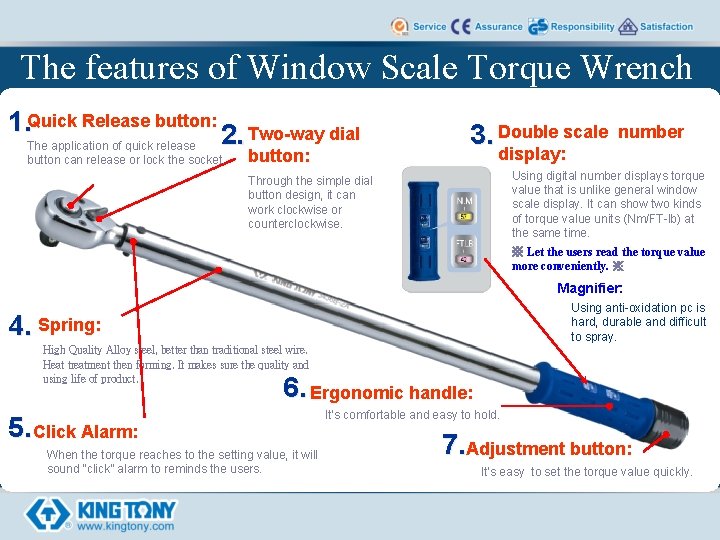 The features of Window Scale Torque Wrench 1. Quick Release button: 2. Two-way dial