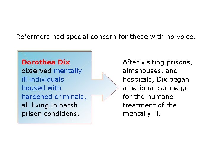 Reformers had special concern for those with no voice. Dorothea Dix observed mentally ill