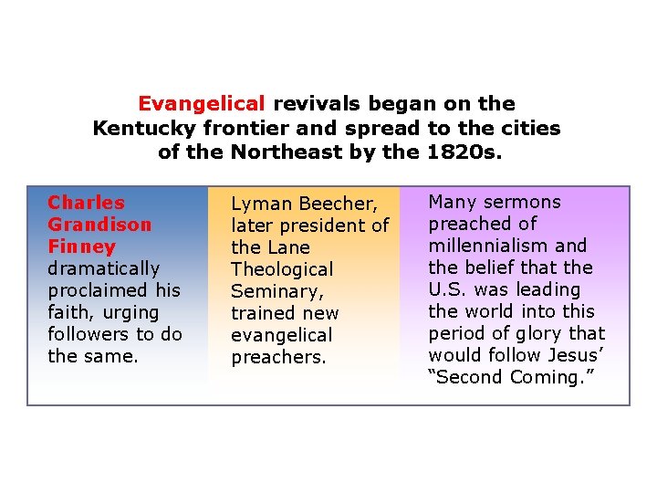 Evangelical revivals began on the Kentucky frontier and spread to the cities of the