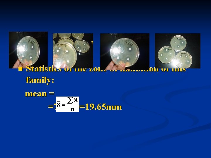 n Statistics of the zone of inhibition of this family: mean = =786/40=19. 65