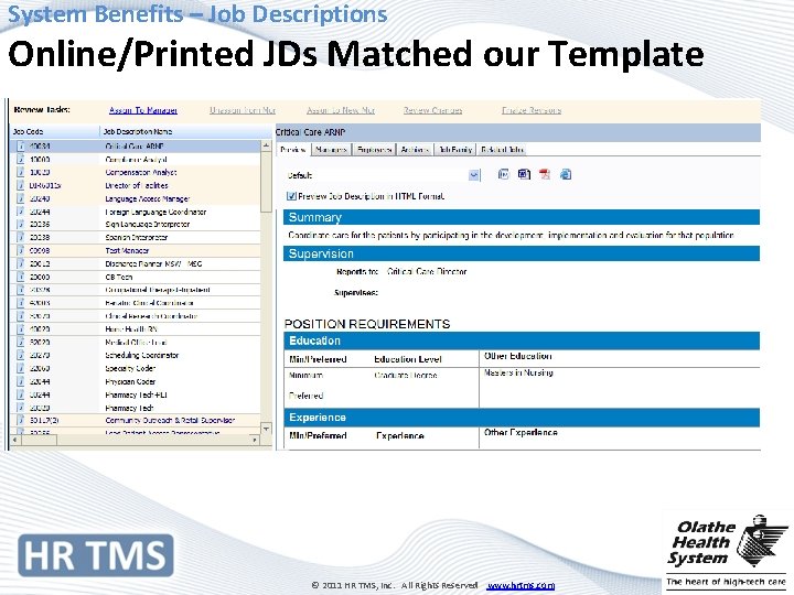 System Benefits – Job Descriptions Online/Printed JDs Matched our Template © 2011 HR TMS,