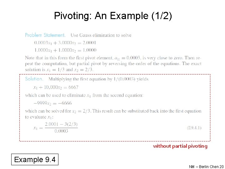 Pivoting: An Example (1/2) without partial pivoting Example 9. 4 NM – Berlin Chen