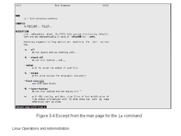 Figure 3 -4 Excerpt from the man page for the ls command Linux Operations