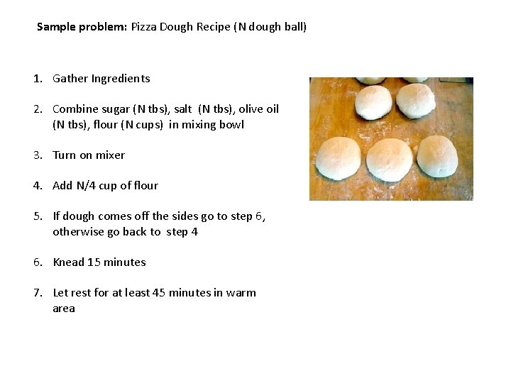 Sample problem: Pizza Dough Recipe (N dough ball) 1. Gather Ingredients 2. Combine sugar