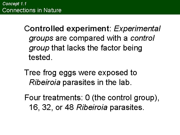 Concept 1. 1 Connections in Nature Controlled experiment: Experimental groups are compared with a