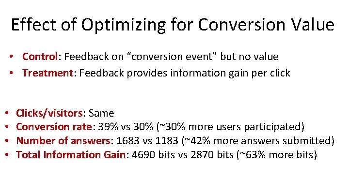 Effect of Optimizing for Conversion Value • Control: Feedback on “conversion event” but no