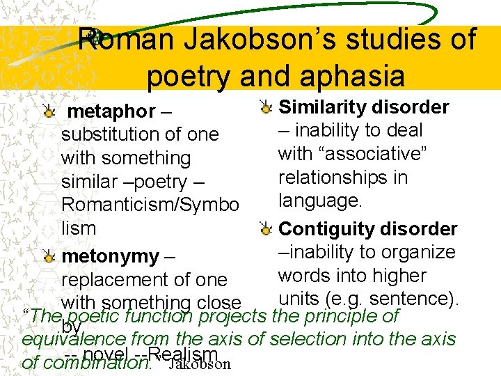 Roman Jakobson’s studies of poetry and aphasia Similarity disorder metaphor – – inability to