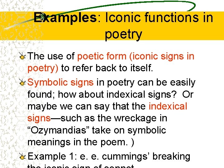 Examples: Iconic functions in poetry The use of poetic form (iconic signs in poetry)