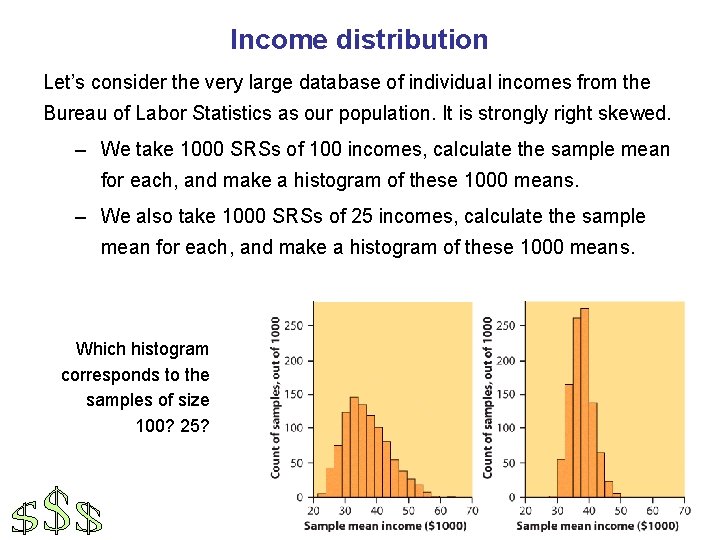 Income distribution Let’s consider the very large database of individual incomes from the Bureau