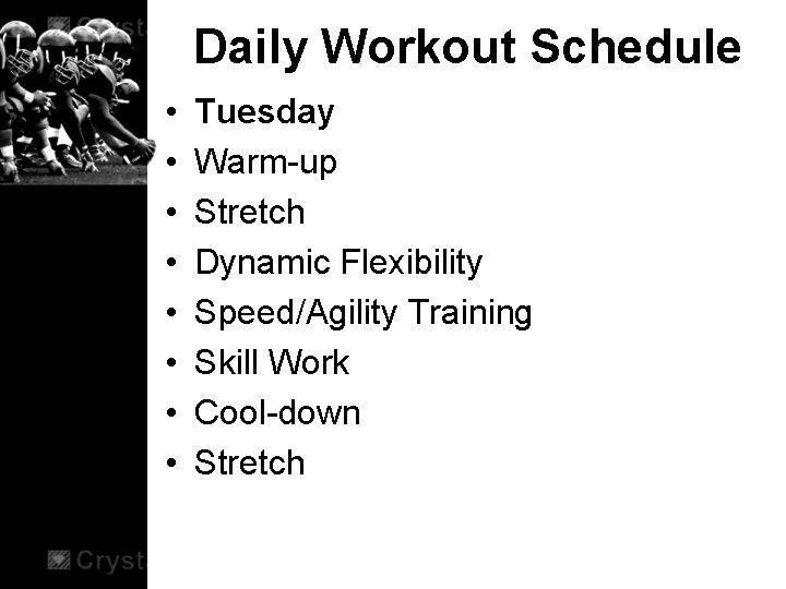 Daily Workout Schedule • • Tuesday Warm-up Stretch Dynamic Flexibility Speed/Agility Training Skill Work