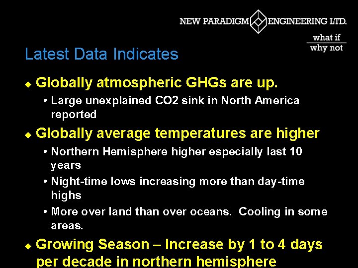 Latest Data Indicates u Globally atmospheric GHGs are up. • Large unexplained CO 2