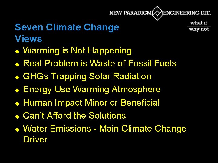 Seven Climate Change Views u u u u Warming is Not Happening Real Problem