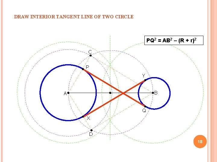DRAW INTERIOR TANGENT LINE OF TWO CIRCLE PQ 2 = AB 2 – (R