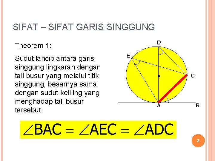 SIFAT – SIFAT GARIS SINGGUNG D Theorem 1: Sudut lancip antara garis singgung lingkaran